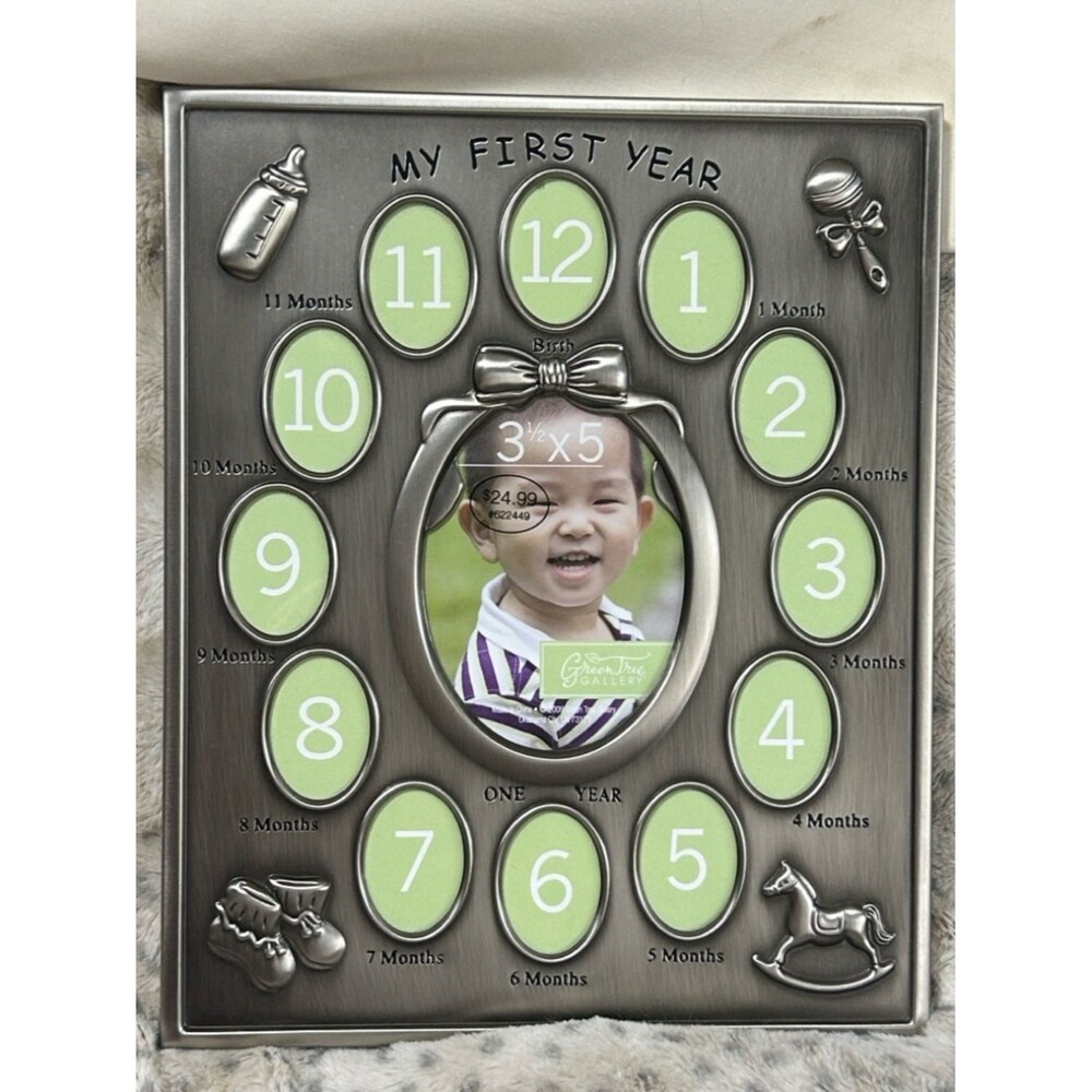 Baby’s First Year Pewter Silver Photo Frame NWT Stand Hanging 9x11 Green Tree